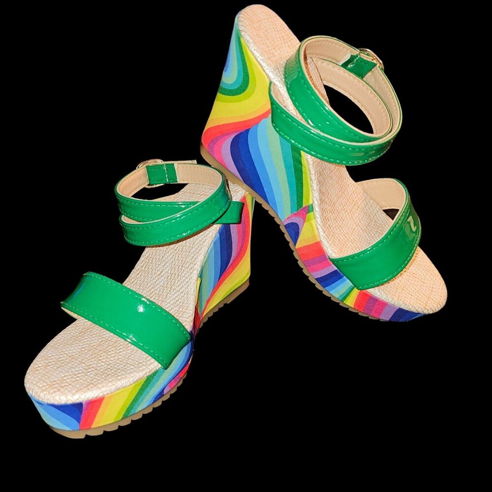 Wedge Sandal Rainbow High Heels Platform Ankle Strap Buckle Shoe Party Sz 37 NEW